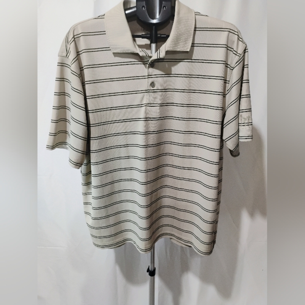 PGA Tour Mens XL Polo Shirt Tan Black Striped Short Sleeve Golf Performance Top